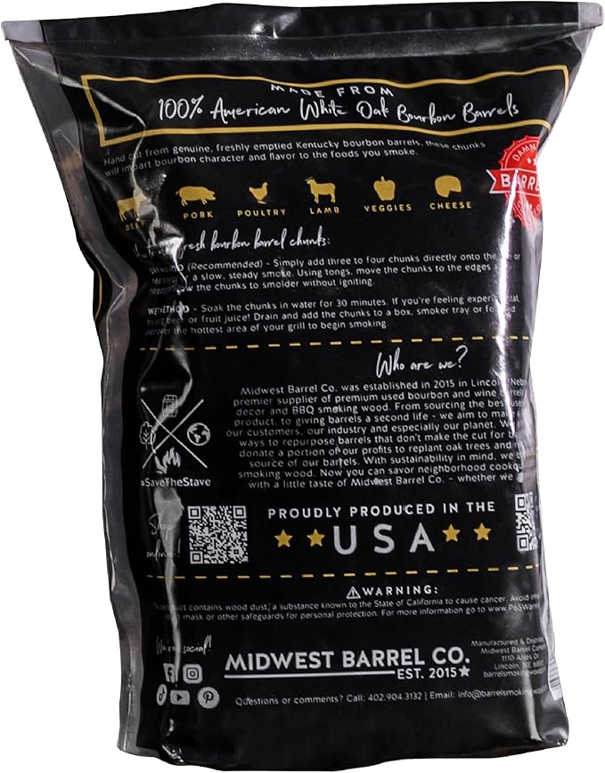 Midwest Barrel Co. Bag of Bourbon Barrel BBQ Smoking Wood Chunks - Authentic American White Oak Wood Chunks from Bourbon Barrels, Slow Burning, 1-4”, for BBQ, Lamb, Pork, Poultry, Veggies, Cheese