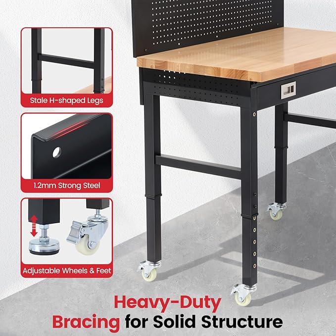 Work Bench for Garage 48 Inch Heavy Duty Rubberwood Tabletop Workbench with Wheels, Pegboard, Drawers, Power Outlets Adjustable Height Work Table for Home, Office, Workshop