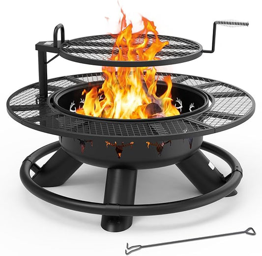 BALI OUTDOORS Fire Pit with Poker, Outdoor Fire Pit Extra Large, Wood Burning Firepits for Outside with Grill, 47 inch