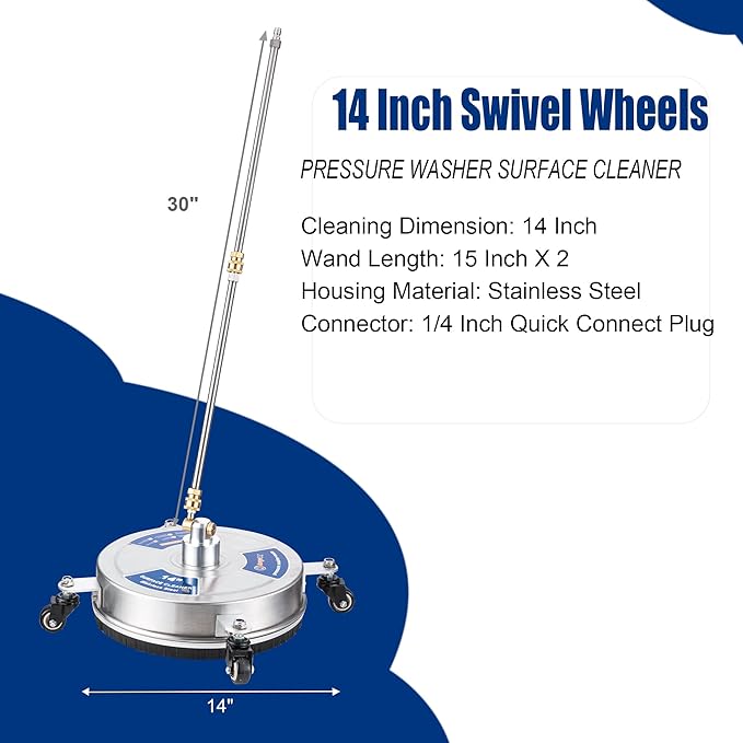 14" Pressure Washer Surface Cleaner with 4 Wheels, 1/4" Quick Connect Plug, Sturdy Stainless Steel Power Washer Attachment for Concrete Driveway, Min Flow Rate 1.8 GPM, Max 4000 PSI (Silver)