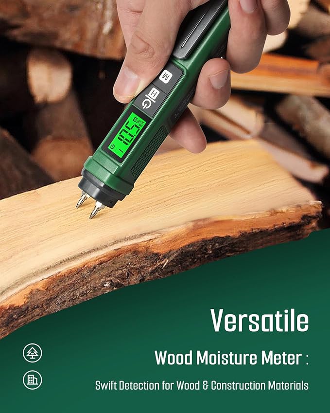Wood Moisture Meter, TESMEN TWM-186 Portable Pen Moisture Meter, Pin-Type Humidity Tester with 2 Modes, 7 Calibration Scales for Wood, Firewood, Lumber, Bricks, Floors, Walls - Green