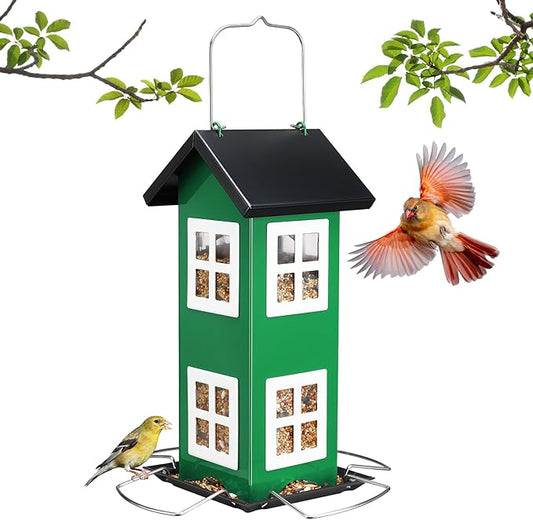 Veehoo Bird House Feeders for Outdoors Hanging-Metal Wild Bird House Feeders with 4 Ports, Country House Design, Garden Yard Decor Hanging Bird Feeder for Outside, Large Capacity, Green