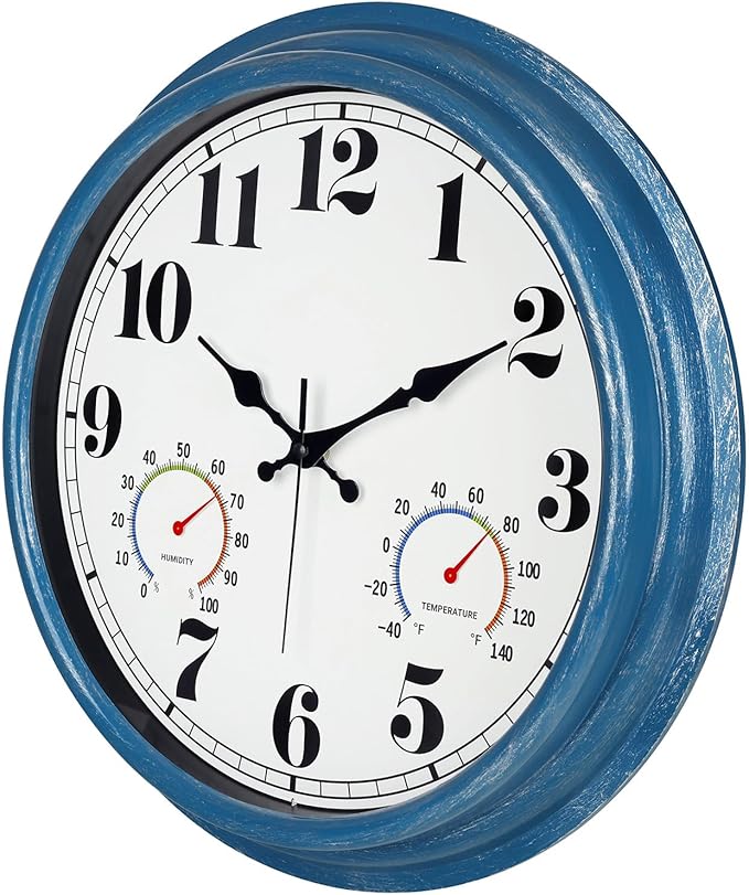 JENLYSTIME 16 Inch Blue Vintage Waterproof Indoor/Outdoor Wall Clock with Thermometer & Hygrometer, Large Numerals & Silent Sweep Movement - Ideal for Porch, Garden, Pool, Bathroom
