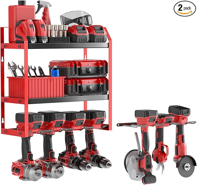 Power Tool Organizer Wall Mount with Extra Drill Holder, Red & Black Garage Storage Combo with Battery Storage, 4 Drill Slots Total, Heavy Duty Steel Tool Rack for Workshop Garage
