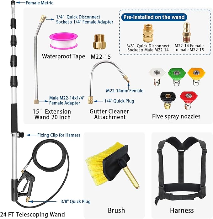 24ft Pressure Washer Extension Wand with Brush Gutter Cleaner Heavy Duty Telescopic Power Washer Wand Spray Gun Extension Pole Lance