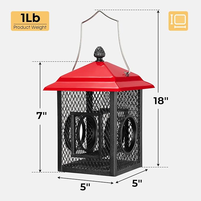 Veehoo Metal Bird Feeder for Outdoors Hanging, Fly Through Wild Birdfeeder Outside, Finch Cardinal Chickadee Feeders for Peanut Sunflower Seed, Red