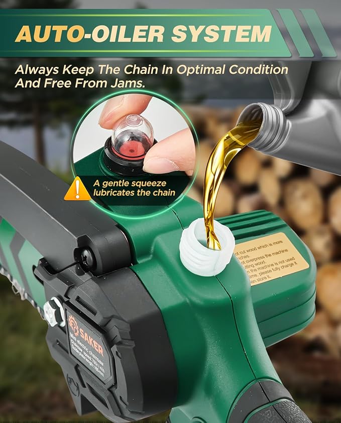 Saker Mini Chainsaw with Auto Oiler|6 Inch Chainsaws[2025 Upgraded]|Mini Cordless Electric Chain Saw|Small Handheld Portable Chainsaw Battery Powered for Tree Trimmer and Garden 2 Batteries+3 Chains