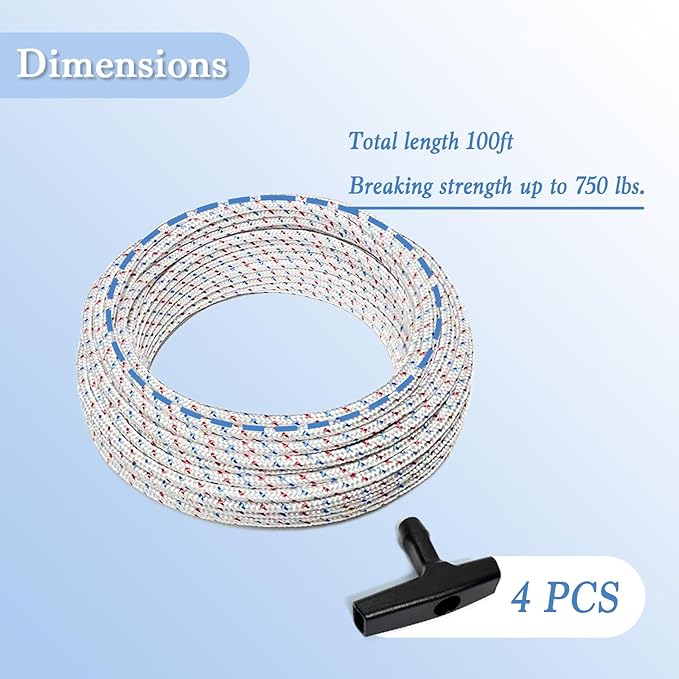 Heavy-Duty Pull Cord Rope Kit - 100Ft 4.0MM Lawn Mower Pull Cord Replacement, Starter Rope with 4 Universal Handles for Chainsaws, Snowblowers & Gas or Diesel Engines (for Briggs/Stratton/STIHL)