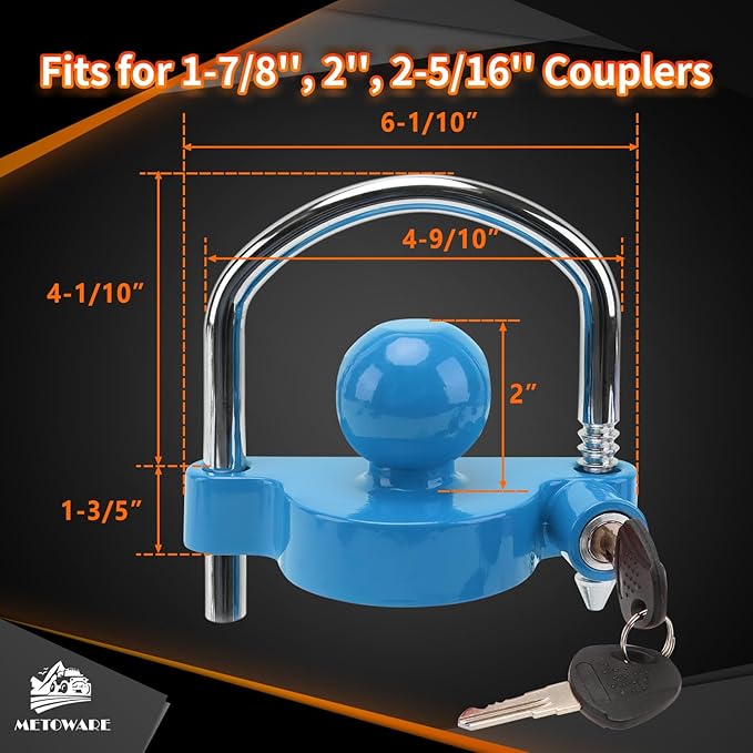 METOWARE Trailer Coupler Lock Universal Adjustable Heavy-Duty Steel Trailer Hitch Lock, Anti Theft Trailer Ball Lock Towing Lock for Towing Trailer Security Fits 1-7/8",2”, 2-5/16" Coupler Blue