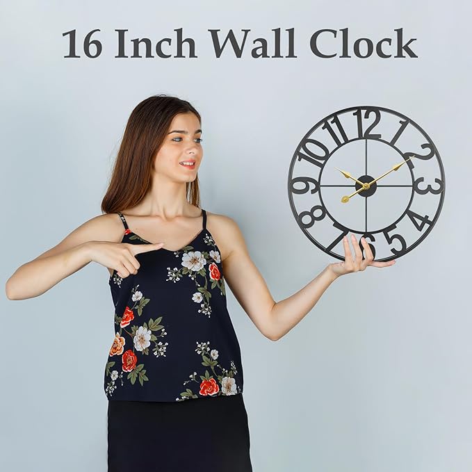 Indoor Outdoor Large Patio Decorative Wall Clock Silent Non Ticking Battery Operated, 16 Inch Modern Black Metal Wall Clock for Pool Area, Living Room, Farmhouse, Kitchen