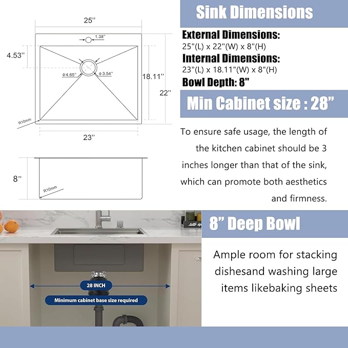 25 x 22 Inch Drop In Kitchen Sink, Topmount Stainless Steel Brushed Nickel Single Bowl Kitchen Sink, Extra-thick 16 Gauge For RV Laundry Utility with Dish Grid and Basket Strainer