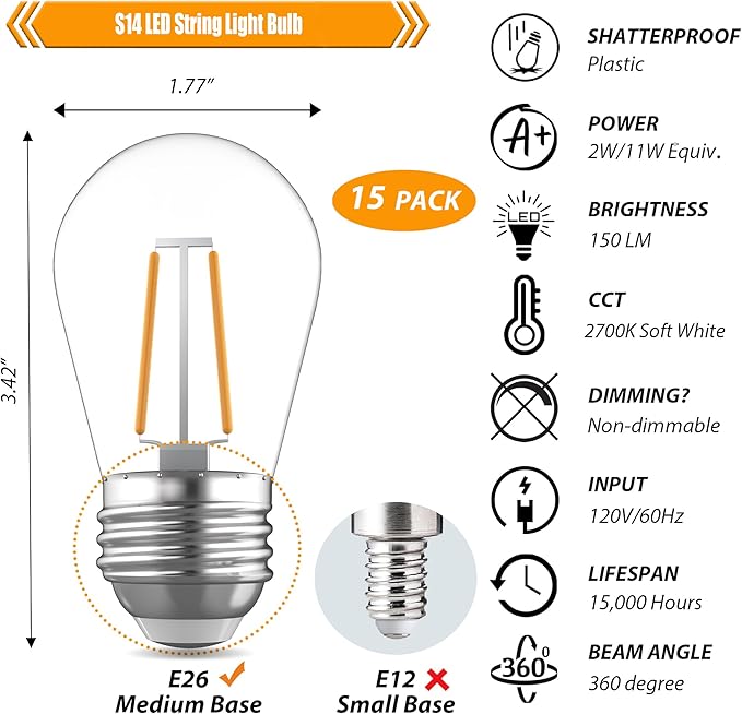 15 Pack Replacement Bulbs for String Lights, 2W S14 Shatterproof Waterproof LED Outdoor Light Bulbs, 2700K Soft White, E26 Base, AC120V, Not Dimmable