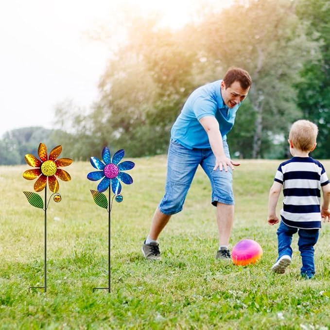 2Pack Garden Wind Spinners,Metal Wind Sculptures Outdoor Windmill Flower Pinwheel Decorations for Yard Lawn Patio Decor