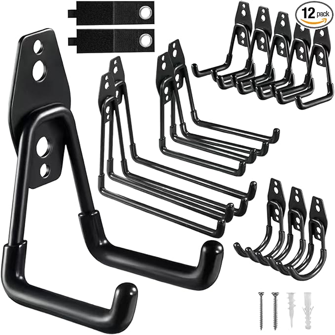 Garage Hooks, 12 Pack Wall Hooks for Hanging Heavy Duty Ladders, Bikes, Tools Ideal for Garage, Garden, Basement Utility Room Storage (Black)