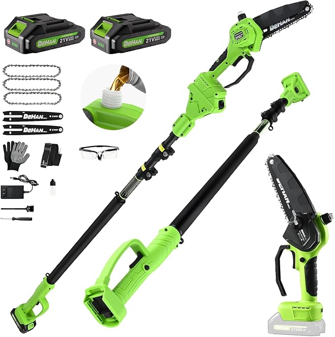 2 IN 1 Electric Pole Saw Brushless 21V Battery Chainsaw Cordless with Rotatable Pole 15FT Max Reach, Shoulder Strap, Powered Pole Saw for Tree Trimming and Wood Cutting Tool -- Green