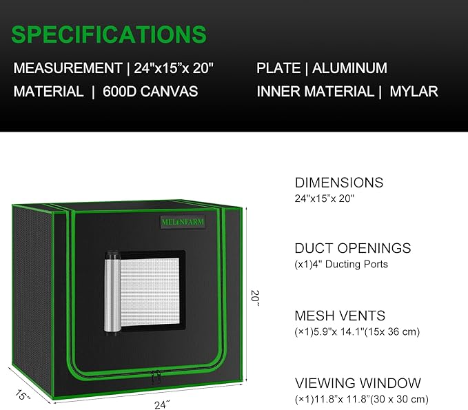 MELONFARM Small Grow Tent for Aerogarden，24”x16”x20” ，Hydroponics Growing System ，Highly Reflective 600D Diamond Mylar Canvas with Ventilation window and Floor Tray for Hydroponic Indoor Plant Growing