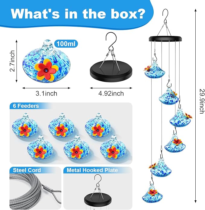 Wind Chimes Hummingbird Feeders, Hummingbird Feeders for Outdoors with 6 Glass Balls, Leak-Free, Perfect Garden Decor for Window Garden Patio, Ideal Gift, Blue