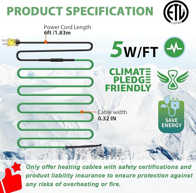 HEATIT Heat Tape for Water Pipe Freeze Protection Self-Regulating Heat Cable for Metal And Plastic Pipes Roof & Gutters De-Icing Heating Trace Tape Anti-Freeze Pipe Heater System 6ft Lighted Plug 12FT