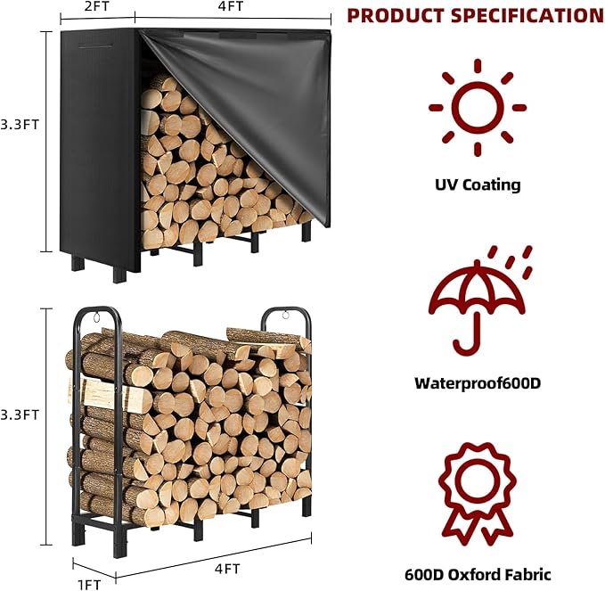 4FT Firewood Rack with Waterproof Cover,Heavy Duty Firewood Storage Log Holider for Outdoor&Indoor,Fireplace Wood Rack with 600D Oxford Fabric
