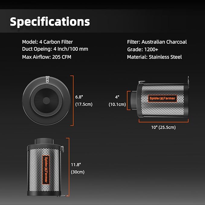 Spider Farmer 4 Inch Air Carbon Filrer Smelliness Control with Premium Australia Virgin Charcoal for Inline Duct Fan, Grow Tent Odor Control, Hydroponics, Pre-Filter Included, Reversible Flange