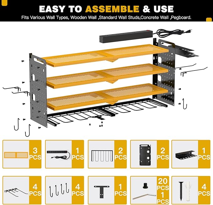 Power Tool Organizer Wall Mount with Charging Station, 8 Drill Holder, 4 Layer Storage Rack for Garage Organization, Tool Holder with 8 Outlet Power Strip (Yellow)