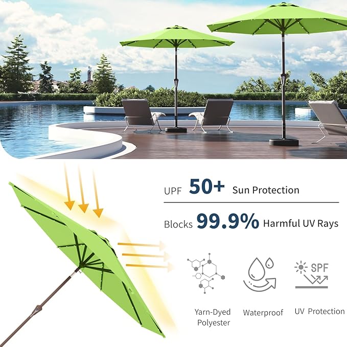 10FT Solar Umbrella 32 LED Lighted Patio Umbrella Table Market Umbrella w/Tilt and Crank, UV-Resistant Outdoor Umbrella for Pool, Garden, Deck, Apple Green