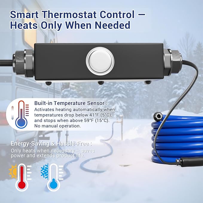 20ft Heated Water Hose for RV - Heated Drinking Water Hose with Energy-Saving Thermostat, Water Line Freeze Protection Down to -40°F/-40°C, Heated Garden Hoses with Adapter, Lead and BPA Free