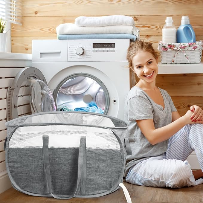 2 Pcs Collapsible Laundry Baskets, Tear Proof Pop Up Hamper With Dual Handles, Durable Foldable Basket, Easy to Carry for Home, Room, Bedroom, Dorm, Travel - Gray