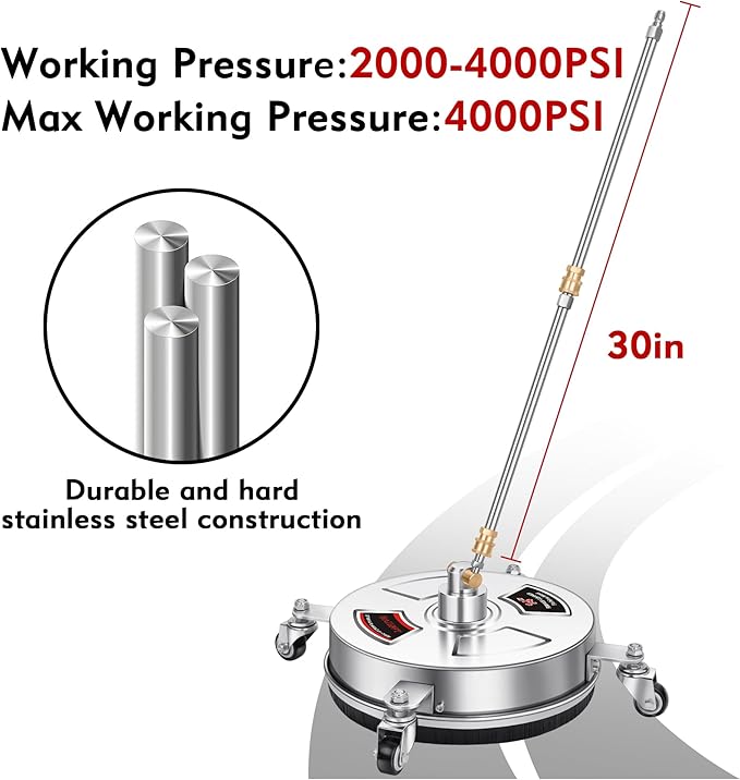 14" Pressure Washer Surface Cleaner with 4 Wheels - Stainless Steel Surface Cleaner for Pressure Washer Attachment for Concrete, Patio, Sidewalk, Deck and Driveways