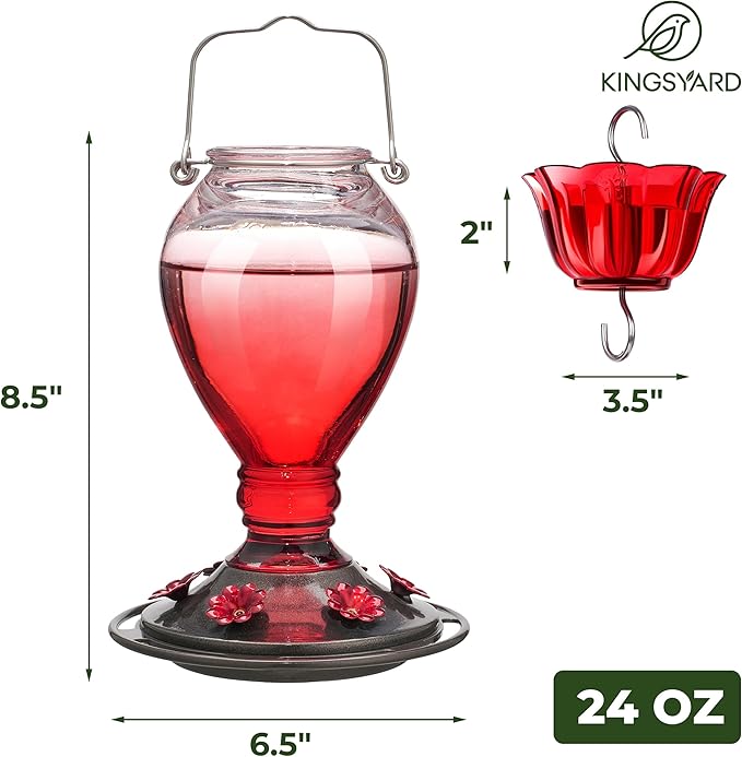 Kingsyard Glass Hummingbird Feeder - 6 Bee Guard Feeding Ports & Ant Moat, 24 oz Leak Proof, Wild Bird Feeder for Outdoors Hanging, Easy to Clean & Refill, Garden Yard Décor, Red & Pink