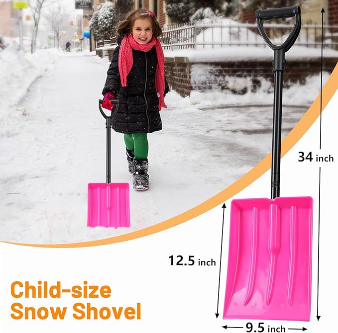 Kids Snow Shovel, Durable Thick Plastic Blade with Metal Handle, Comfort D-Grip, 32inch Snow Shovel for Kids Age 3-12 (Pink)