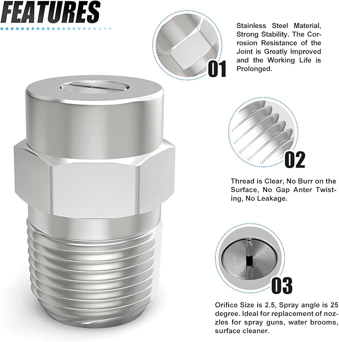 25 Degree Surface Cleaner Tips, 1/4 Inch NPT Male, 2.5 Orifice, 4000 PSI Threaded Spray Nozzles, Replacement for Water Gun, Water Broom and Surface Cleaner (5-Pack)