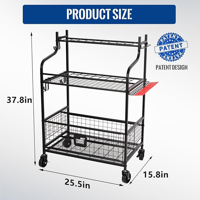 Mythinglogic Garden Tool Organizer for Garage, Yard Tool Rack with Wheels, Garage Organizers and Storage Holder for Yard Tools (Deluxe Tower)
