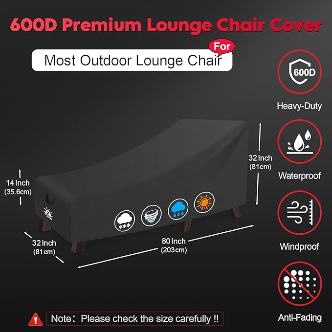 Outdoor Lounge Chair Cover - Waterproof Patio Chaise Lounge Chair Cover, 600D Heavy Duty Fade-Resistant Outdoor Seating Covers for Pool Lounge Chair, Lawn Bench Furniture 80 x 32 x 32 Inch