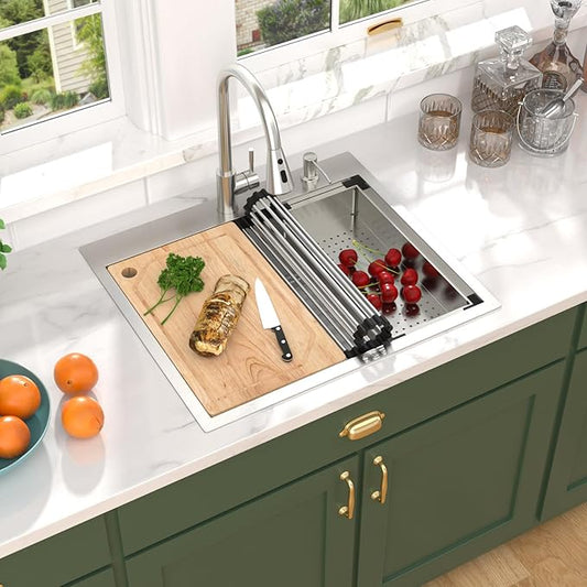 25" Drop In Kitchen Sink with Faucet Combo - 25x22 Kitchen Sinks Drop In and Faucet Combo Set Workstation 16 Gauge Stainless Steel Topmount Single Bowl Over Counter Sinks Basin #TLT-0018