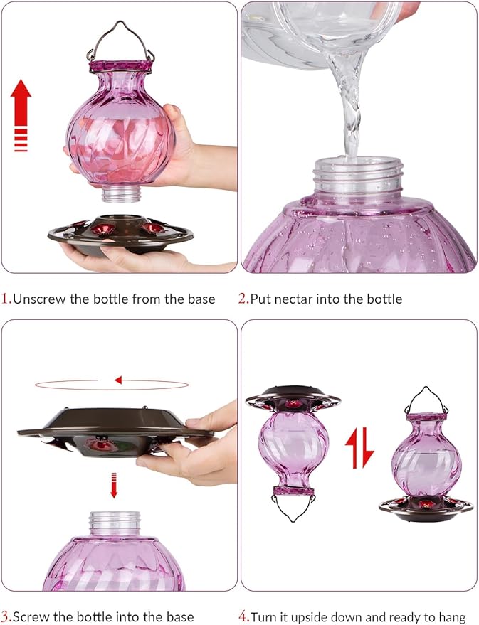 Auslar 26 Ounces Hummingbird Feeder, Purple Hummingbird Feeders for Outdoors Hanging, Ant Moat and 5 Flower Feeding Ports, Fade Proof, Rustproof, Leakproof, Netted Flower Bud Shape Bottle