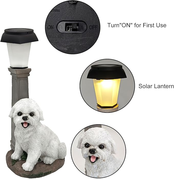 Solar Dog Garden Statues with Lantern, Resin Bichon Dog Sculpture with Warm White Light for Outside Lawn Porch Patio