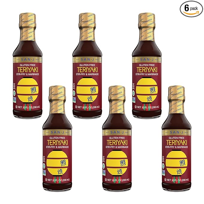 San-J - Gluten Free Teriyaki Sauce - Well-balanced Sauce for Cooking - Non-GMO - 10 oz. Bottles - 6 Pack