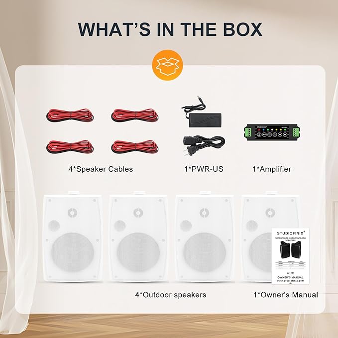 6.5 Inch Max 800W Outdoor Bluetooth Speakers Waterproof Wired with Multifunctional Amplifier Wall Mount Outdoor Speaker System for Patio Garden Poolside Home(4 Speakers,White)