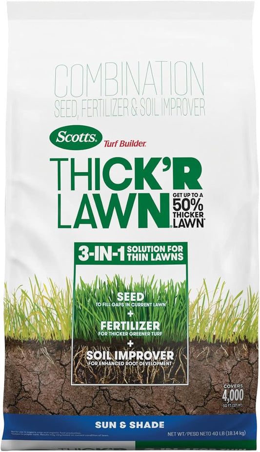 Scotts Turf Builder Thick'R Lawn Sun and Shade, Combination Seed, Fertilizer and Soil Improver, Thickens Thin Grass, 40 lbs.