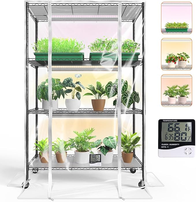 Indoor Greenhouse with Grow Light, Plant Stand with 3 Pack Full Spectrum Plant Lights , 3 color modes, Plant Shelf with Tent for Indoor Plant, Seed Starting, Seed Tray, 35.4"x13.8"x59"