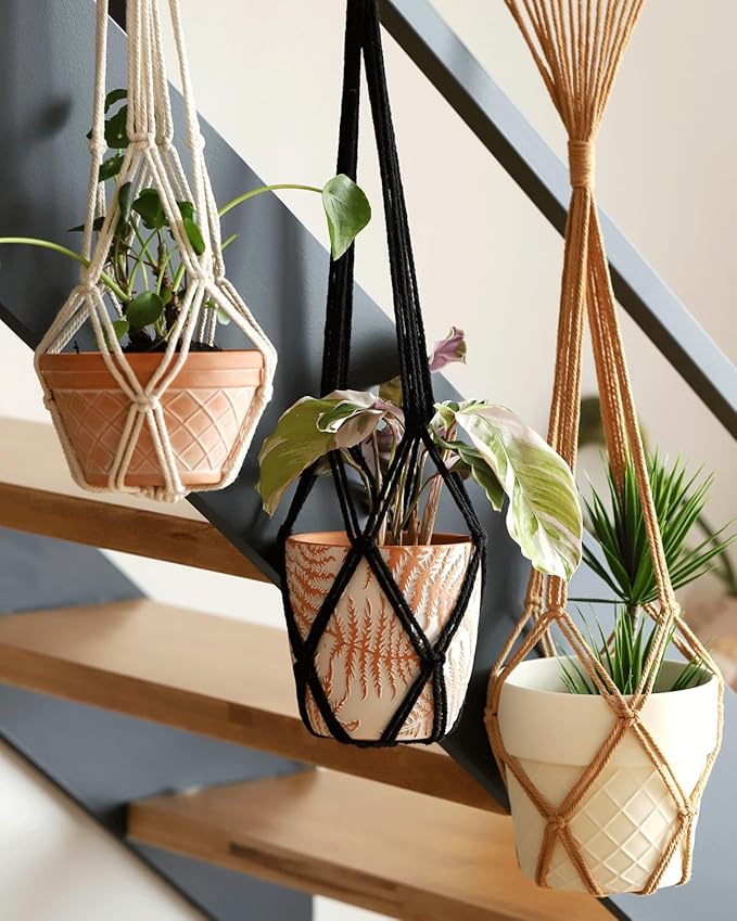 2Pcs Macrame Plant Hangers Indoor Macrame Hanging Planters Large for up to 10 inch Pot No Tassels Long Crochet Boho Plant Hanger Holder for Indoor Outdoor Plants with 2 Hooks(White Wood Hanger)