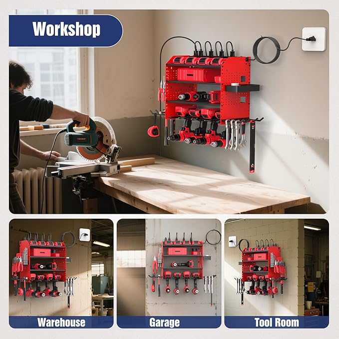 Heavy Duty Power Tool Organizer Wall Mount with Charging Station, 4 Layer Garage Storage Adjustable Shelves Height, Holds 4 Drills, 2 Hooks, Screw & Screwdriver box, Gifts for Fathers Day, Anniversary