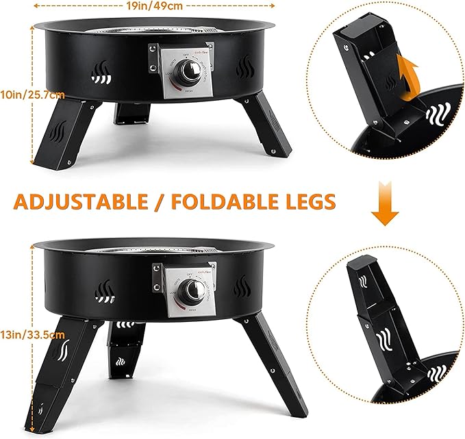 ONLYFIRE OUTDOOR LIVING Propane Fire Pit 19" with Gas Hose, Height Adjustable Gas Firepit with Lava Rocks -Portable Smokeless Fireplace for Outside Camping Bonfire Patio Backyard RV Tailgating, FP000