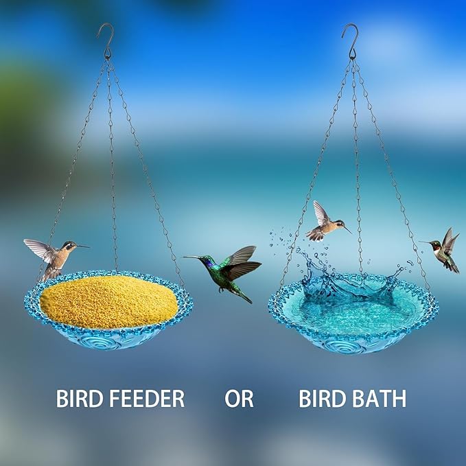 2 Pack Super Value Hanging Plastic Bird Baths and Feeders for Outdoors Bird Water Bowls and Seed Trays Set Attract Wild Birds Garden Yard Decor Gift (Blue)