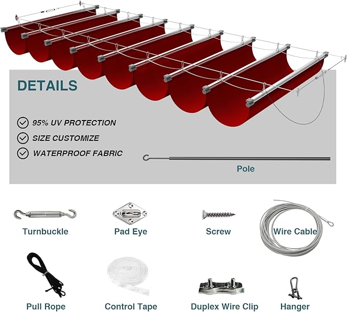 ECOOPTS 7'x22' Retractable Waterproof Wave Sun Shade Canopy Pergola Cover Shade Sail Awning for Outdoor Patio Porch Garden Deck Backyard (Red)