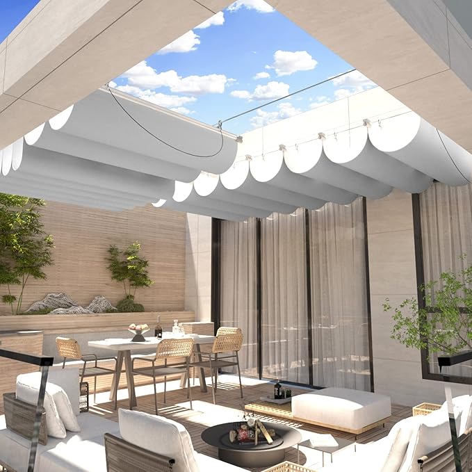 ECOOPTS 4'x6' Retractable Waterproof Wave Sun Shade Canopy Pergola Cover Shade Sail Awning for Outdoor Patio Porch Garden Deck Backyard (Light Grey)