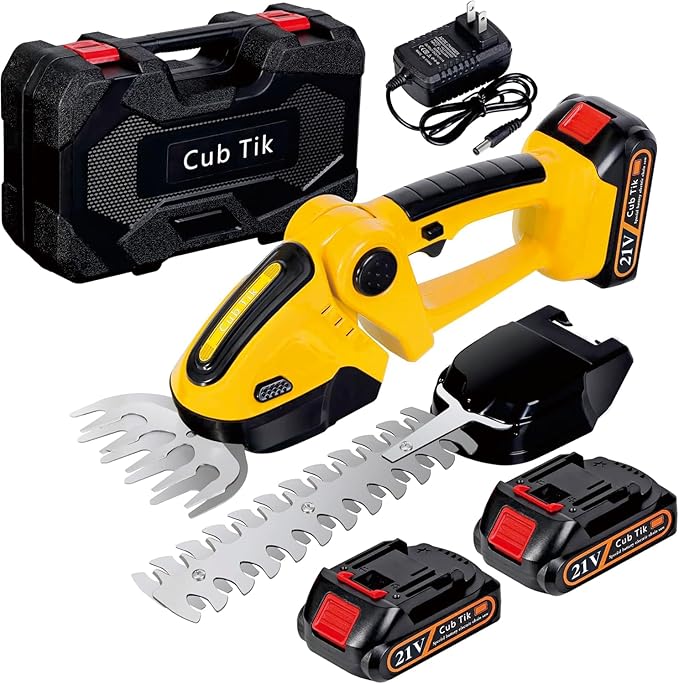 Hedge Trimmer Cordless with Battery and Charger 21V Electric Brush Grass Shrub Trimmer 2 in 1 Handheld Mini Grass Shears Grass Cutter Battery Powered Hedge Trimmer Yellow