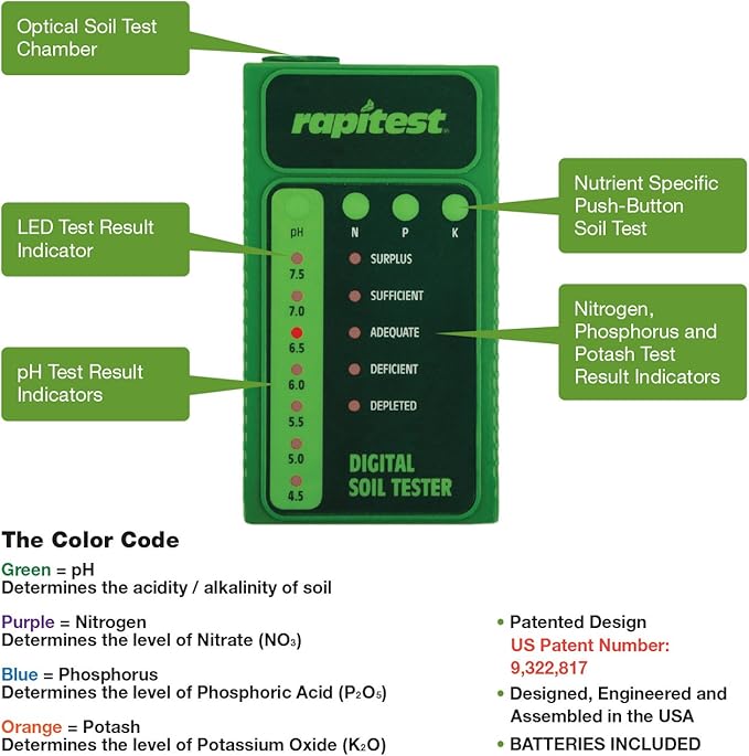 Rapitest Soil Test Kit for Gardens, Vegetables, Flowers and Lawns. USA designed and assembled soil tester completely, quickly and accurately measures/analyzes soil pH acidity and garden nutrients