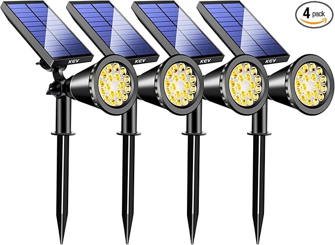 KEV 800 Lumens Solar Spot Lights Outdoor,4 Pack 18 LEDs Solar Flood Lights with 2 Modes &Adjustable &IPX65 Waterproof,Solar Spotlight for Driveway/Backyard/Patio Landscape/Tree/Garage(Warm White)